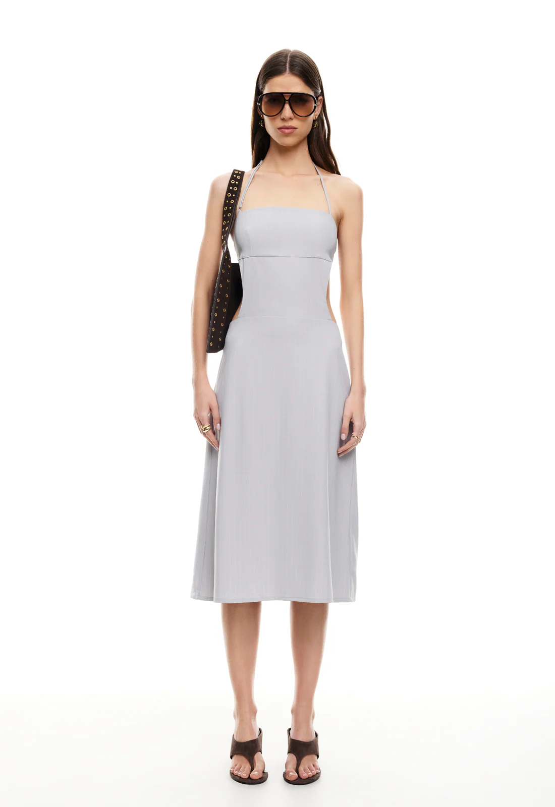 MOONLIT MIDI DRESS - LIGHT GREY PINSTRIPE